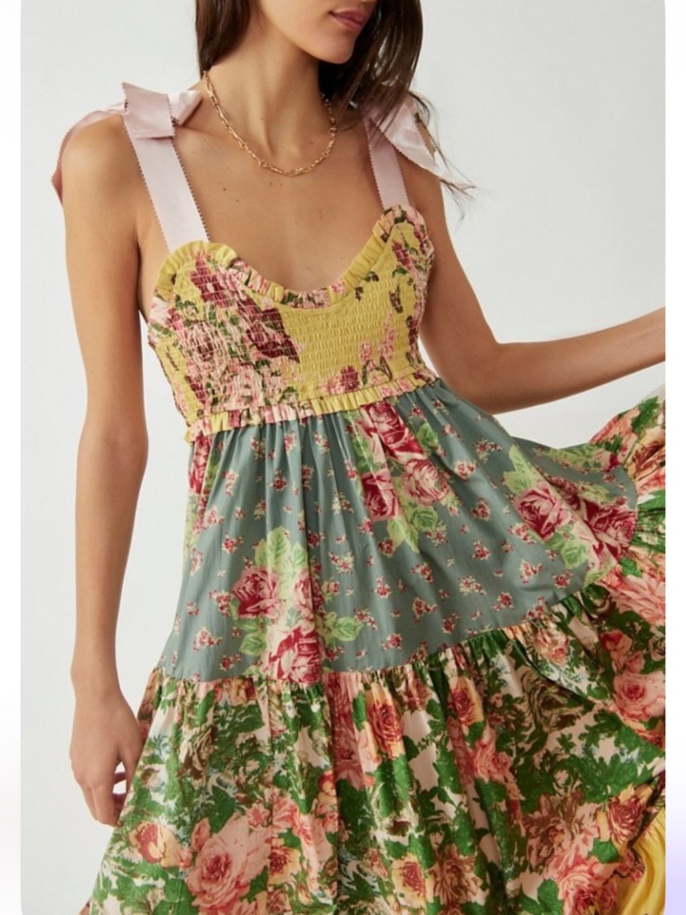 FREE PEOPLE Bluebell Maxi Dress Warm Combo  Floral Tiered Ribbon Ties size Small